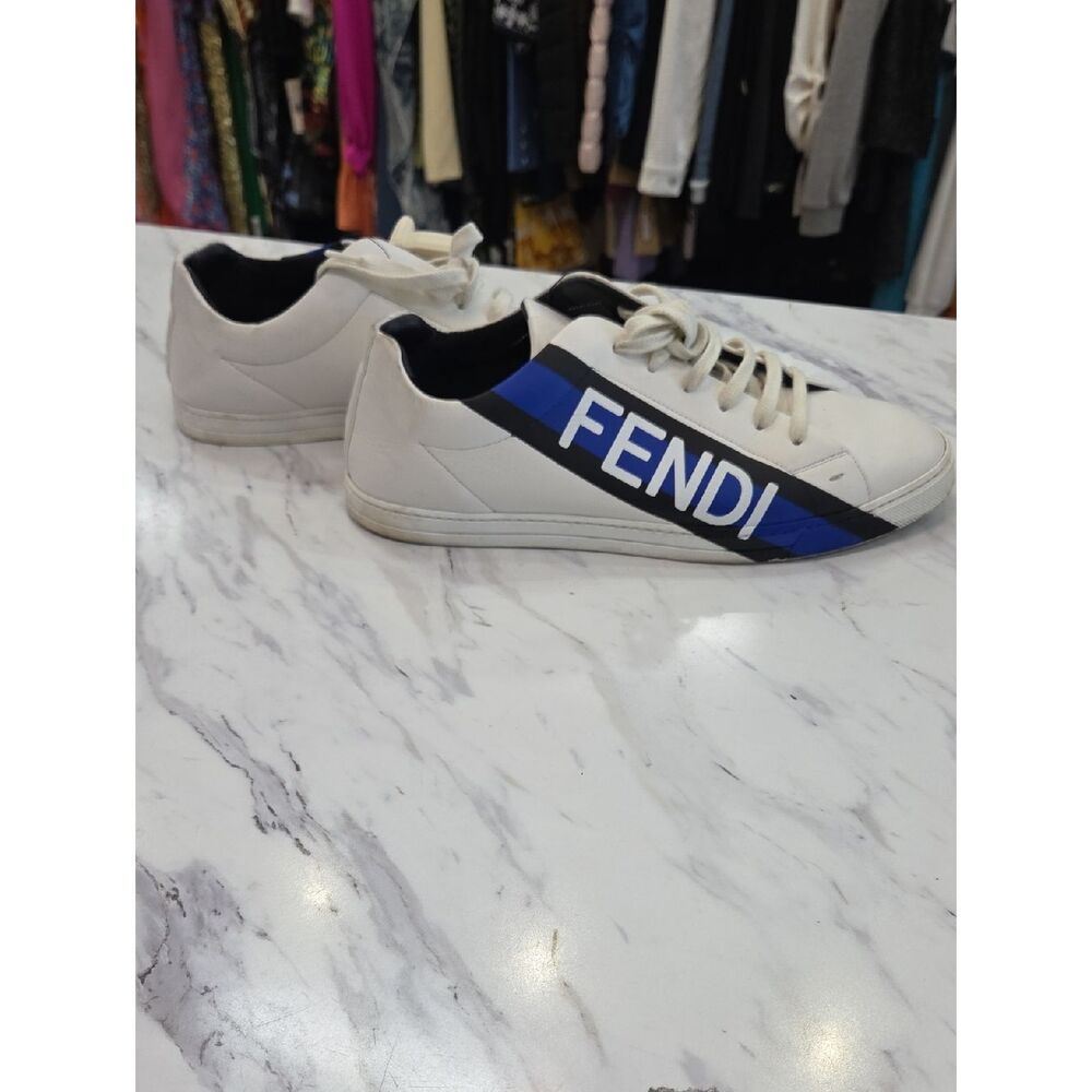Fendi White Low-Top Sneakers with Blue and Black Logo Stripe